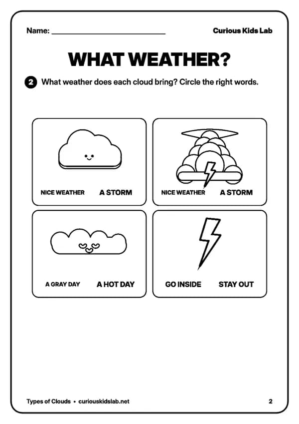 Page 3 of the worksheets “Types of Clouds Worksheets”