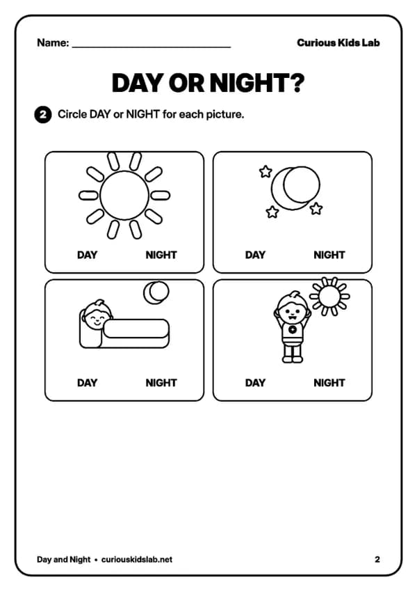 Page 3 of the worksheets “Day and Night Worksheets”