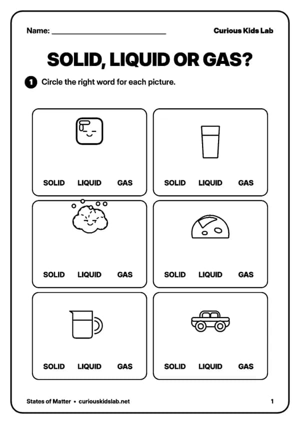 Page 2 of the worksheets “States of Matter Worksheets”